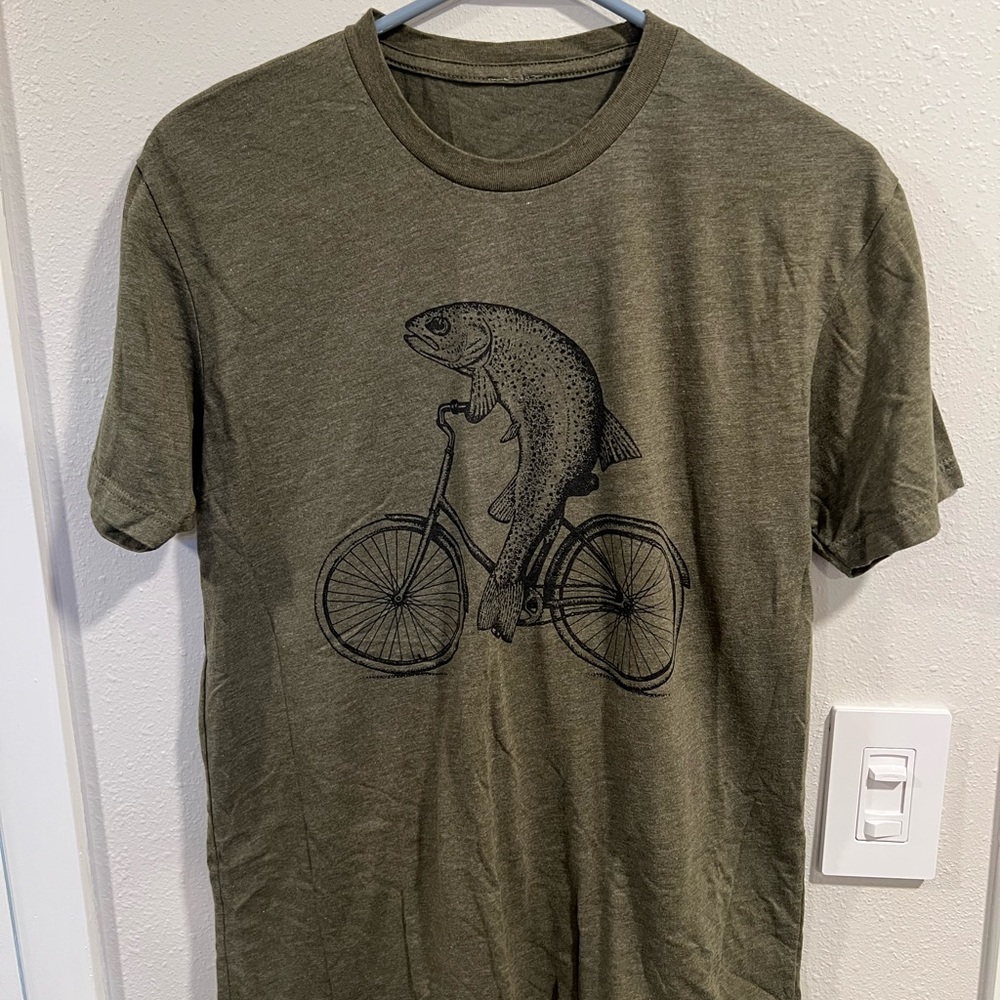Trout riding bicycle - Olive Graphic T-Shirt